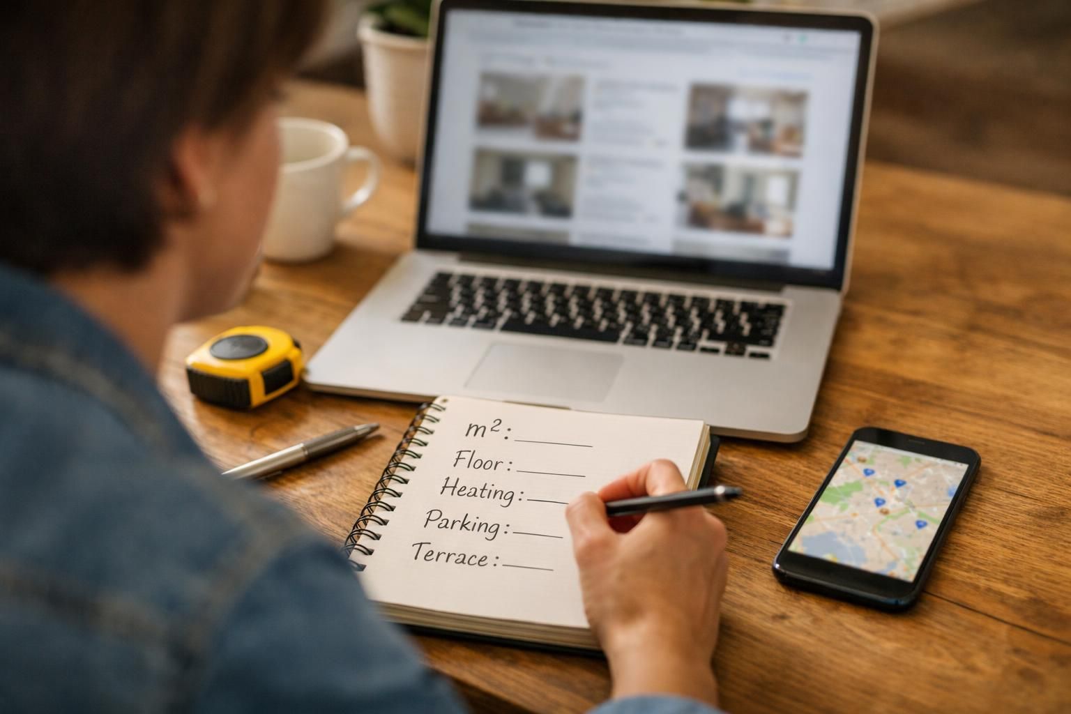 Person writing apartment checklist beside laptop and map phone