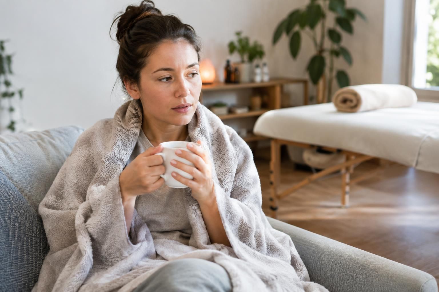 Woman wrapped in a towel holding a mug in a spa room
