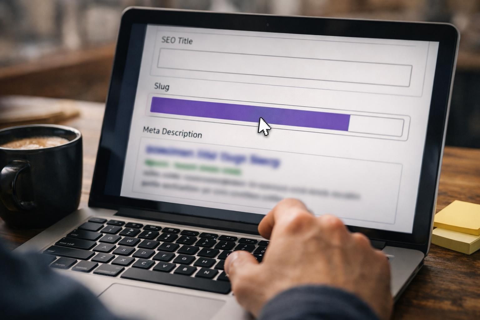 Hand using laptop with SEO fields and purple slug bar