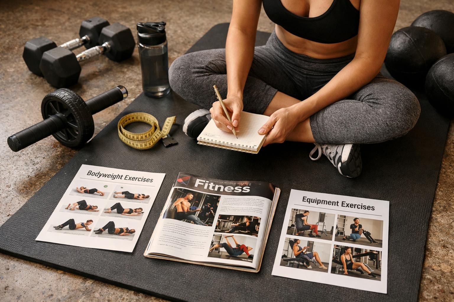 Woman writing workout notes beside dumbbells and exercise guides