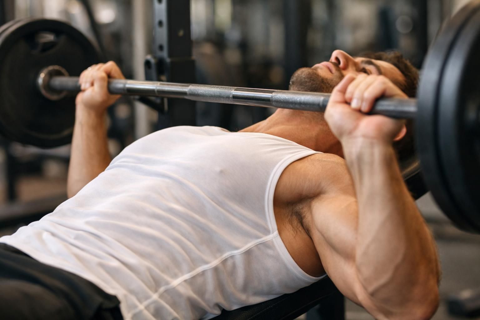 Man in white tank top bench pressing barbell