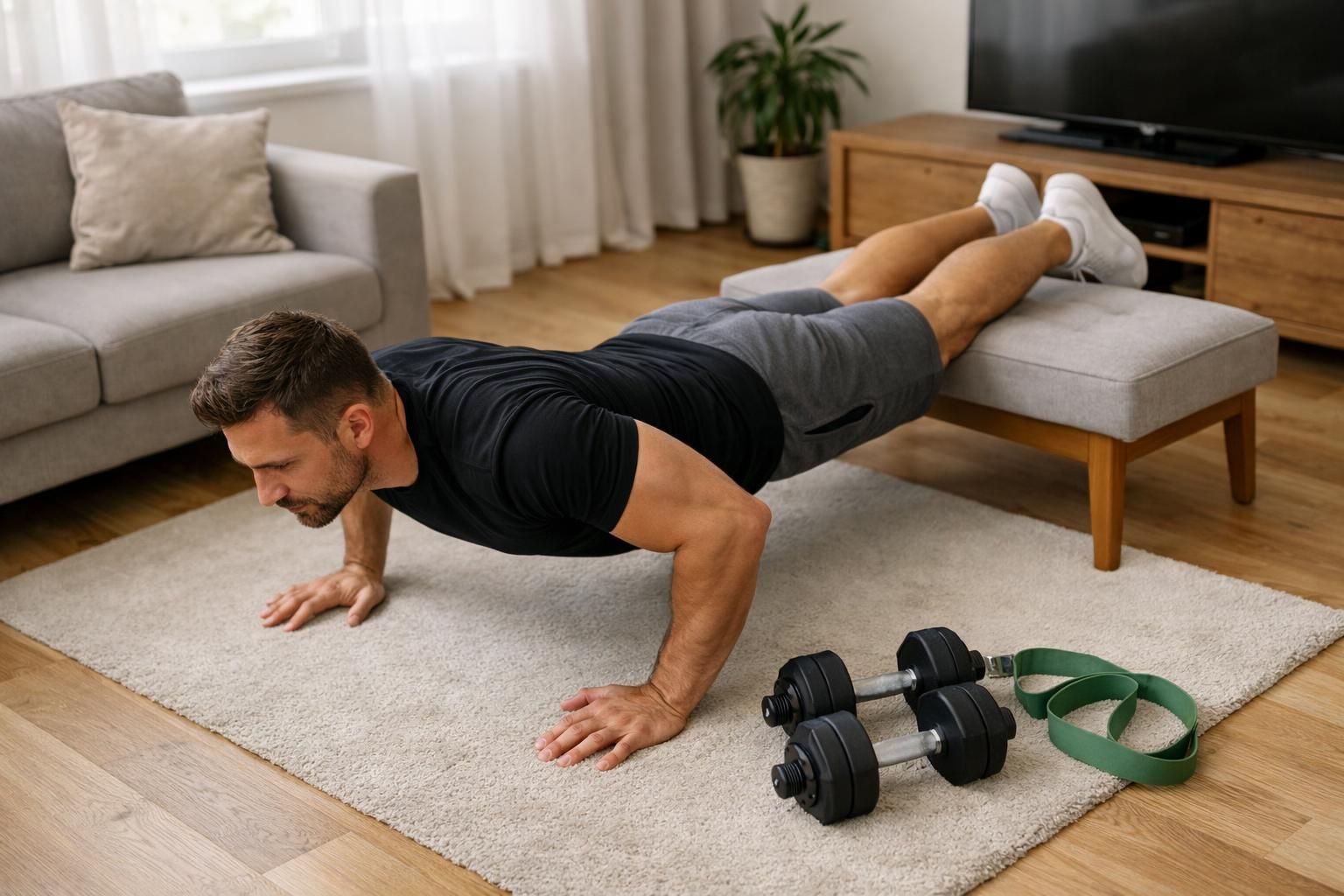 Man doing decline pushup with feet on ottoman