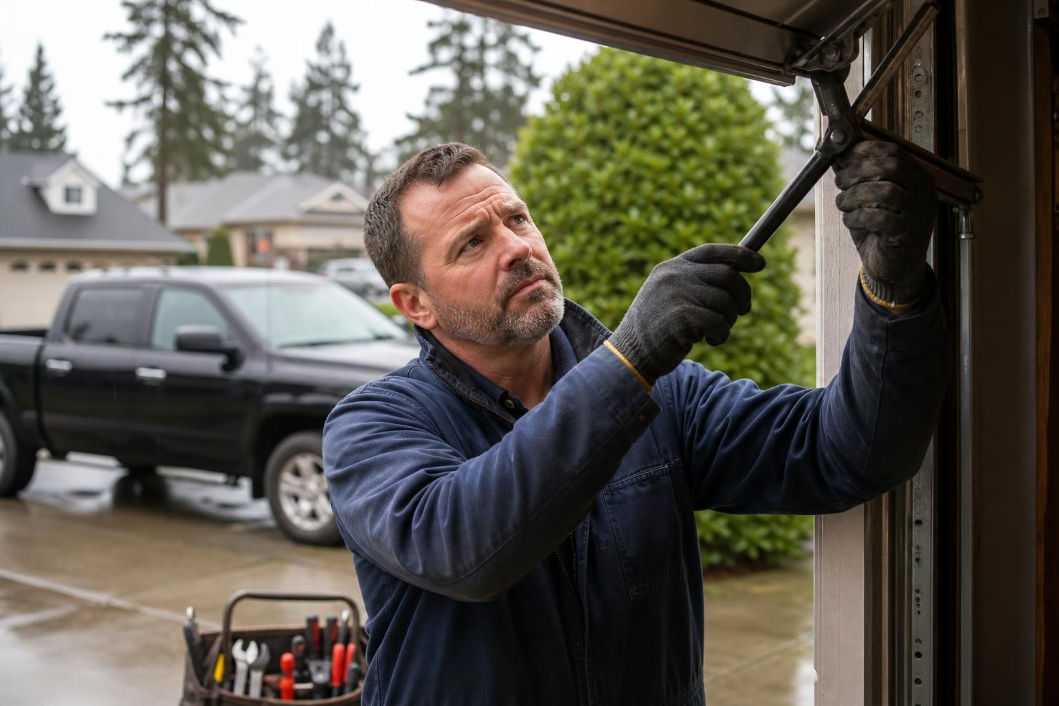 Technician adjusts garage door track with pry bar