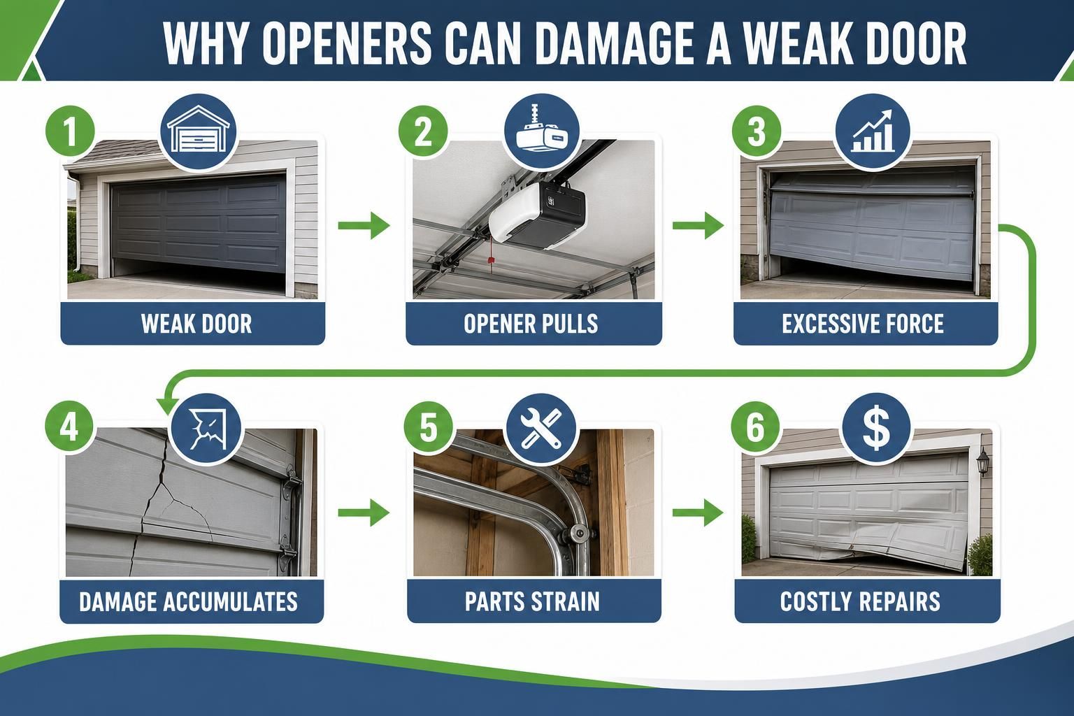 Infographic shows opener force cracking and bending a weak garage door