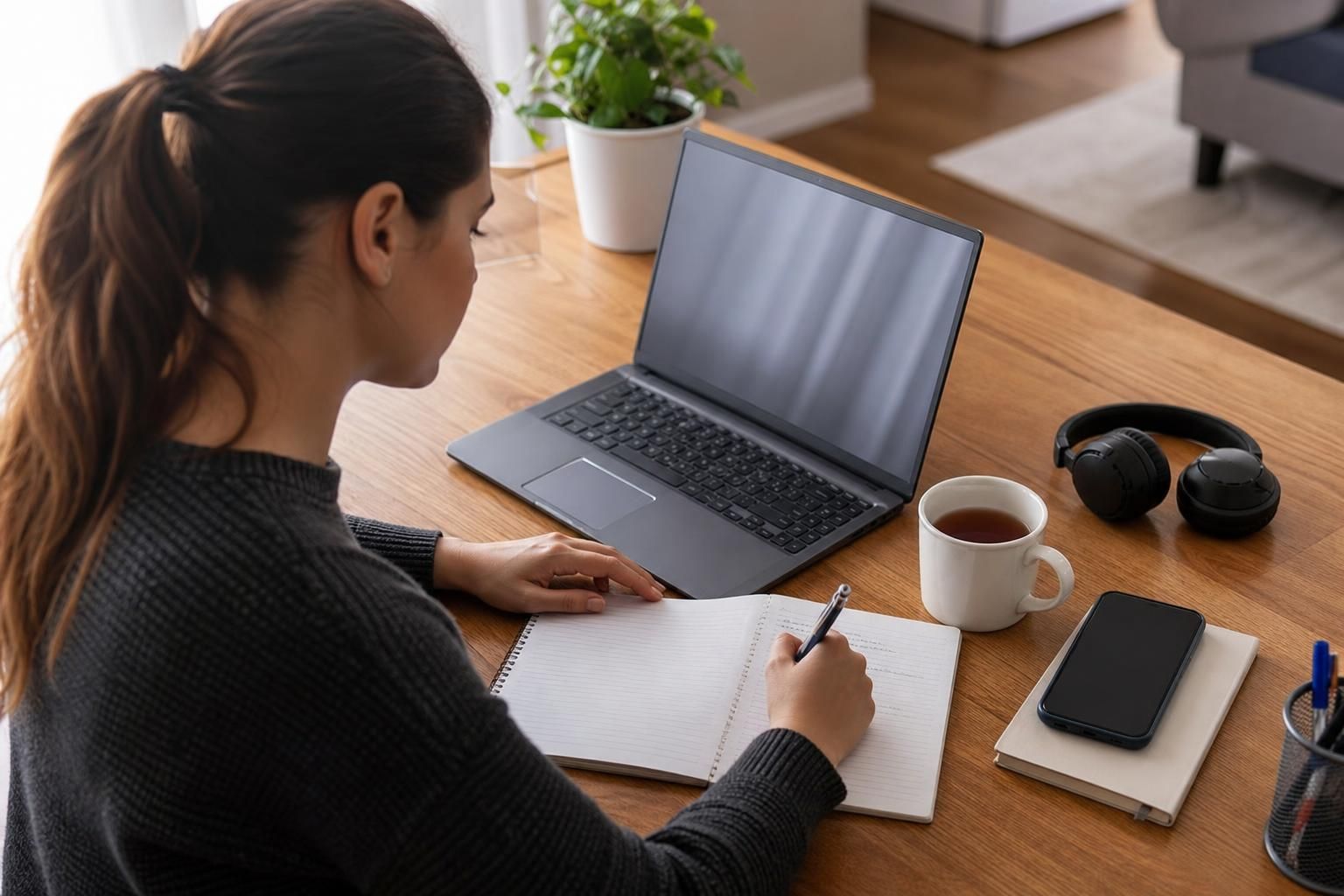 Žena piše u svesci pored laptopa, telefona i slušalica