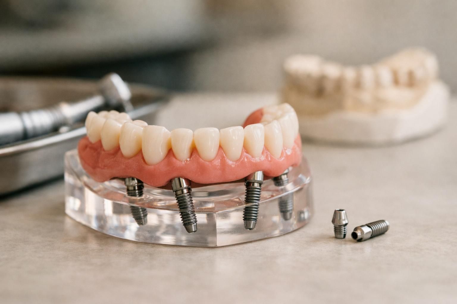 Dental implant denture model with screws on acrylic base