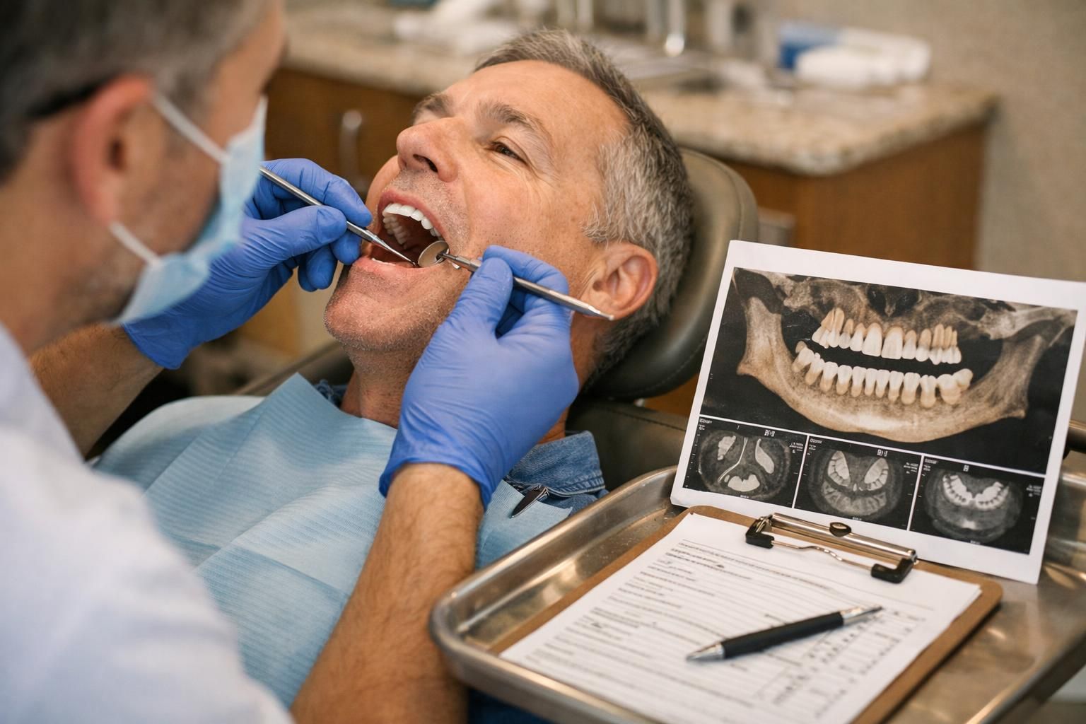Dentist in blue gloves examines man’s teeth with mirror