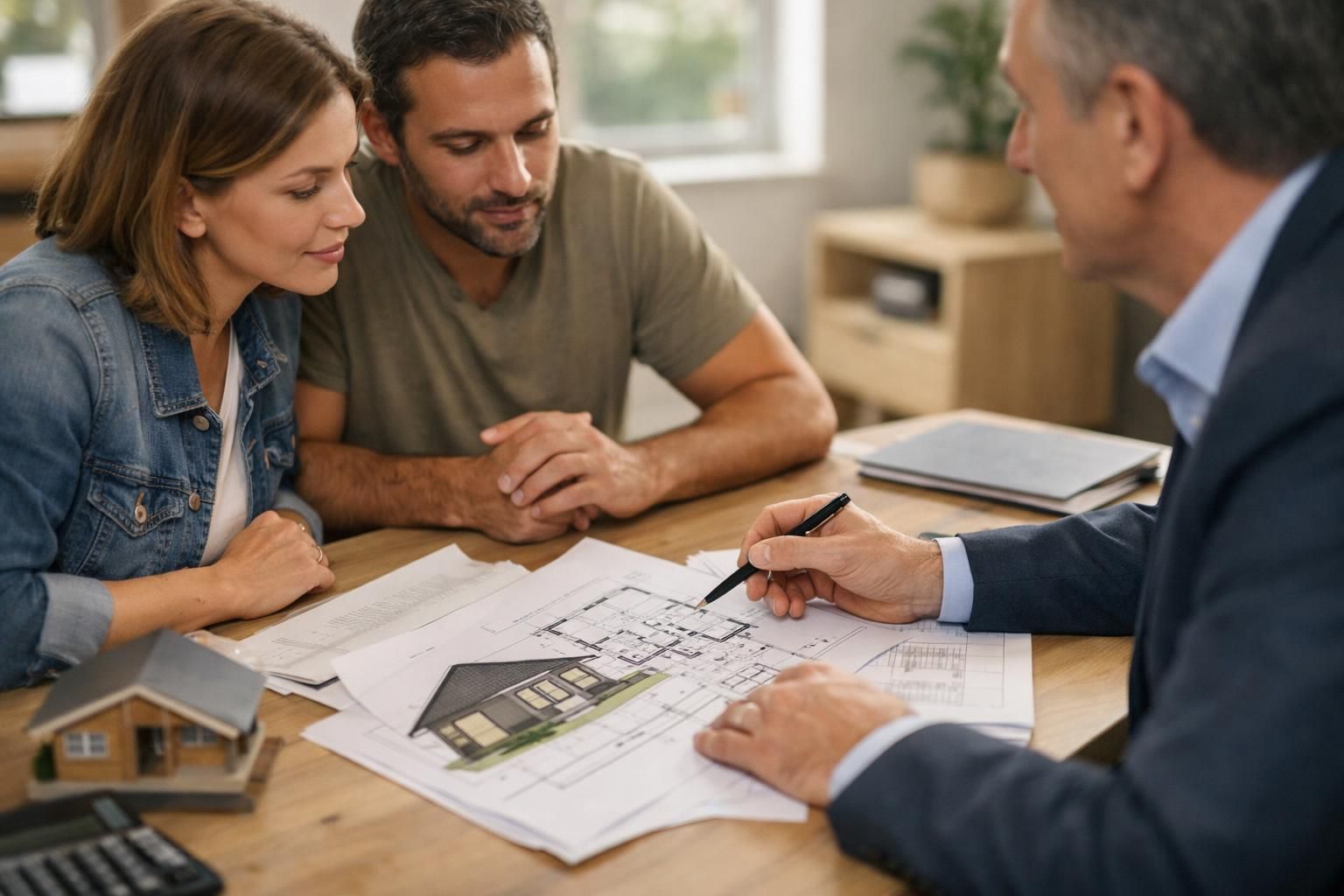 Couple reviews house floor plans with advisor at desk