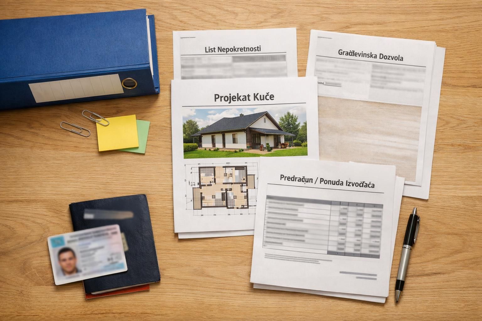 House project documents, permits, binder, ID card on desk