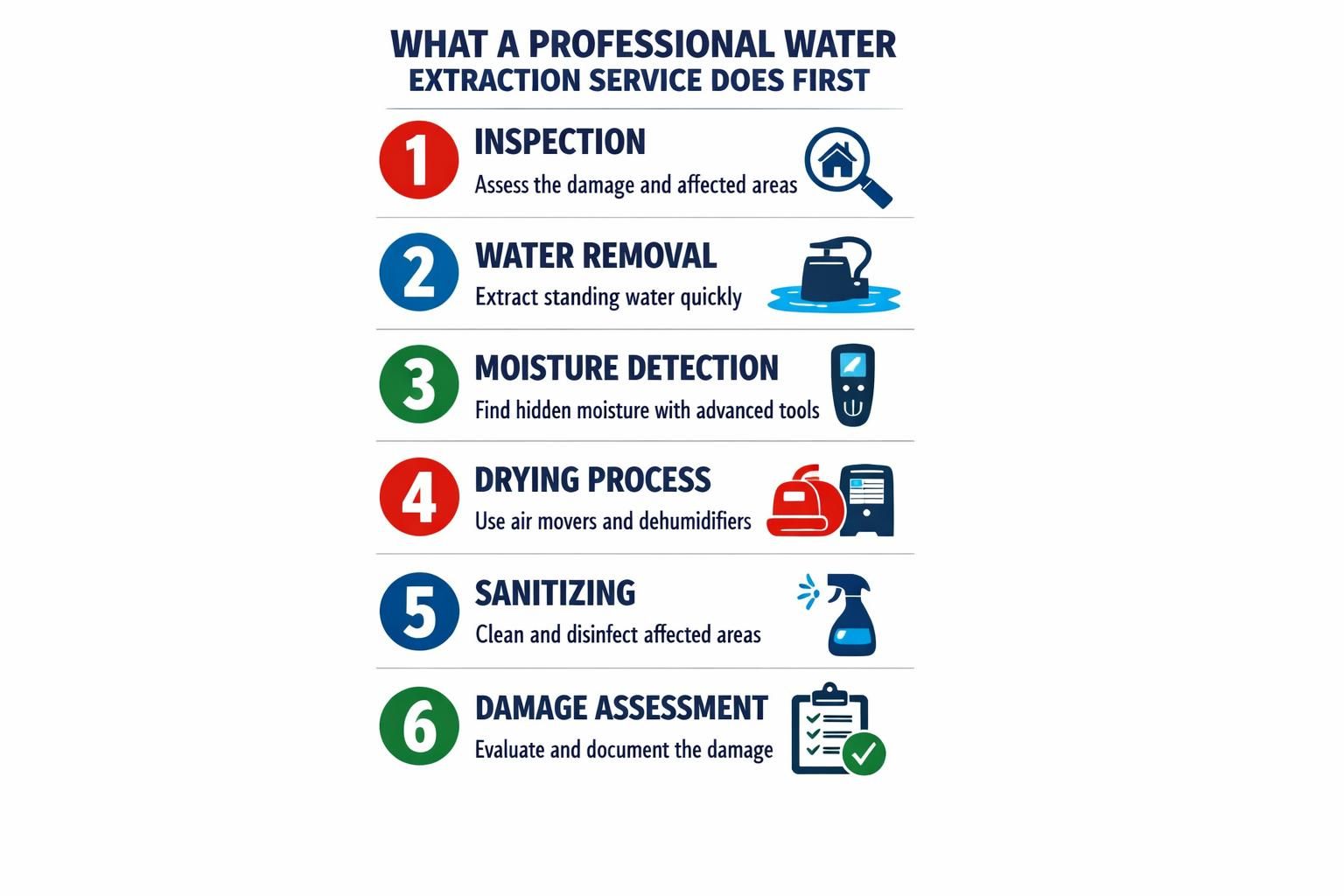 Infographic listing six steps for professional water extraction service