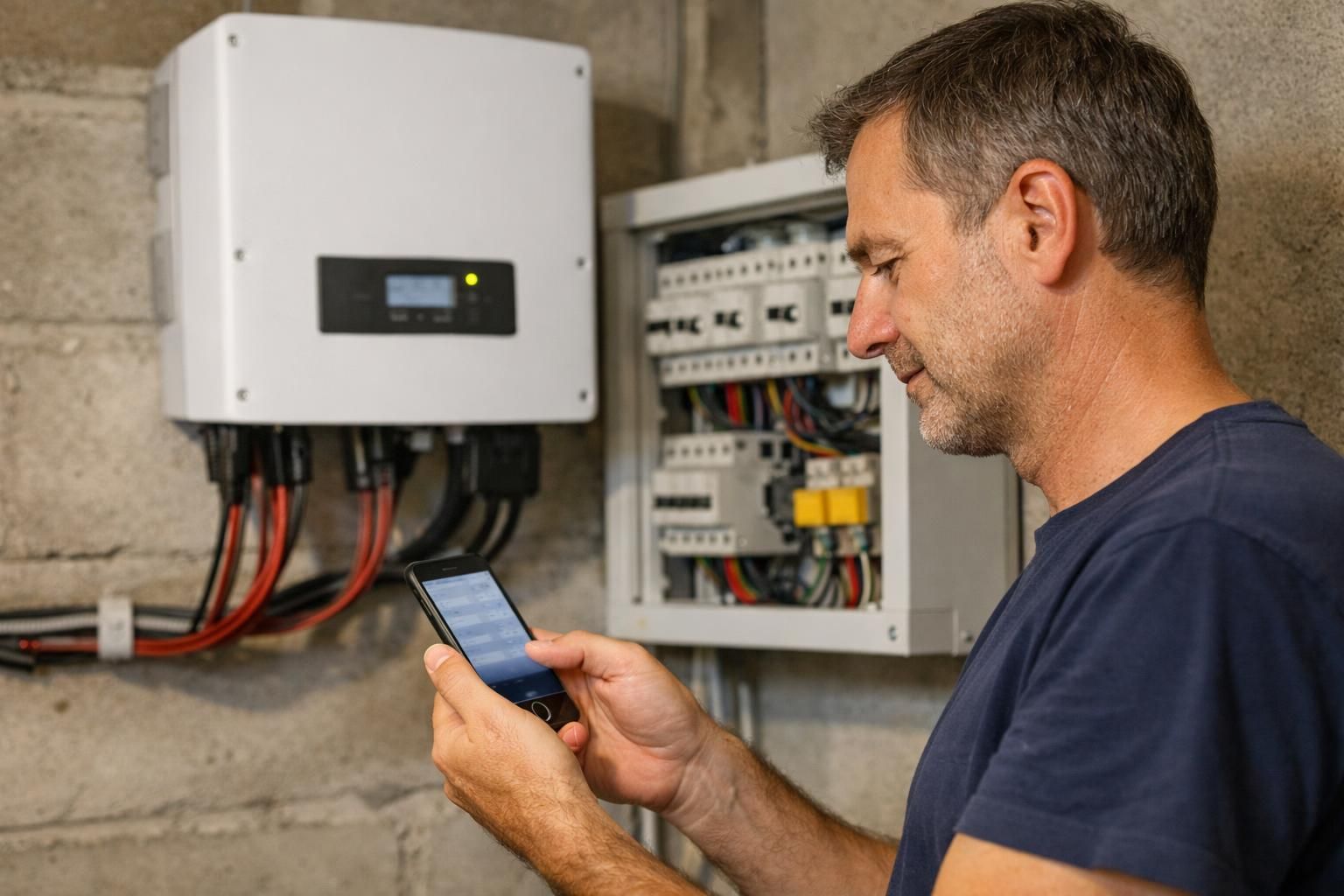Man checking smartphone beside electrical control panel and inverter