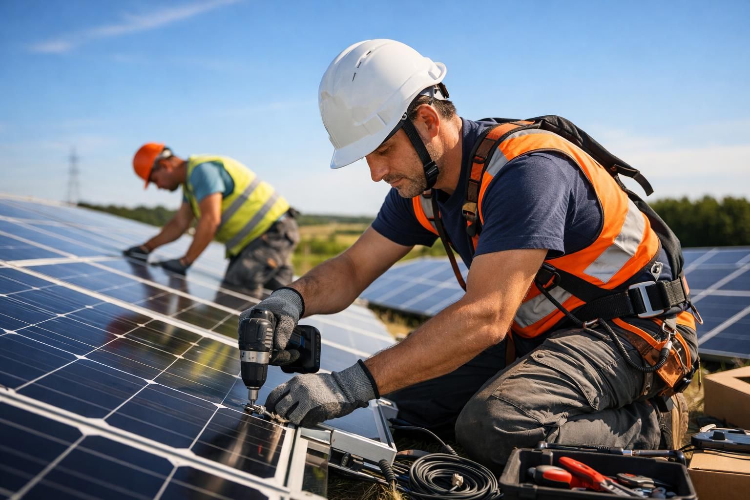 Worker in hard hat drills solar panel mounting rail