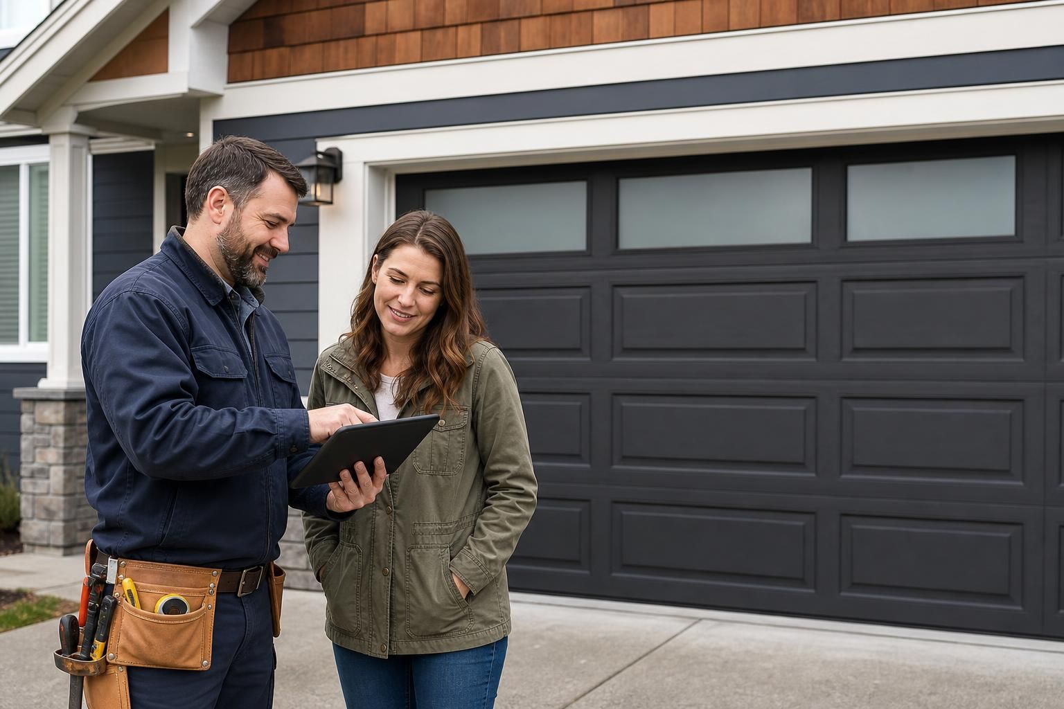 Contractor shows homeowner a tablet beside a black garage door