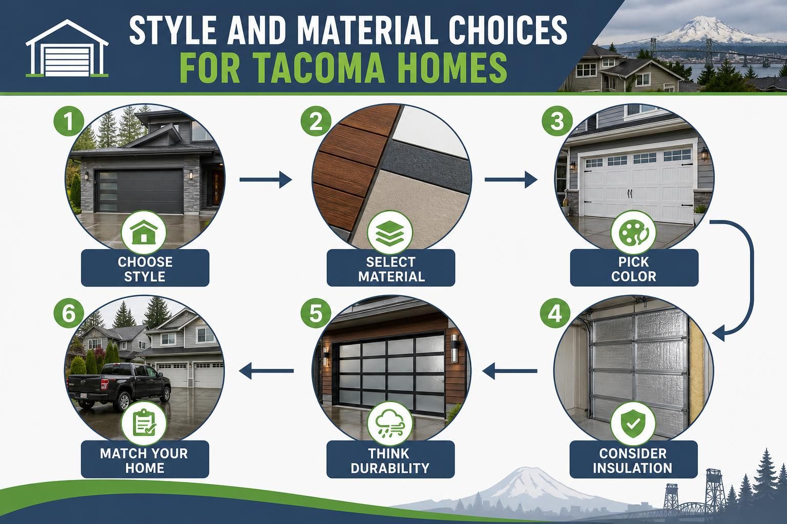 Garage door selection chart with material samples, houses, and arrows