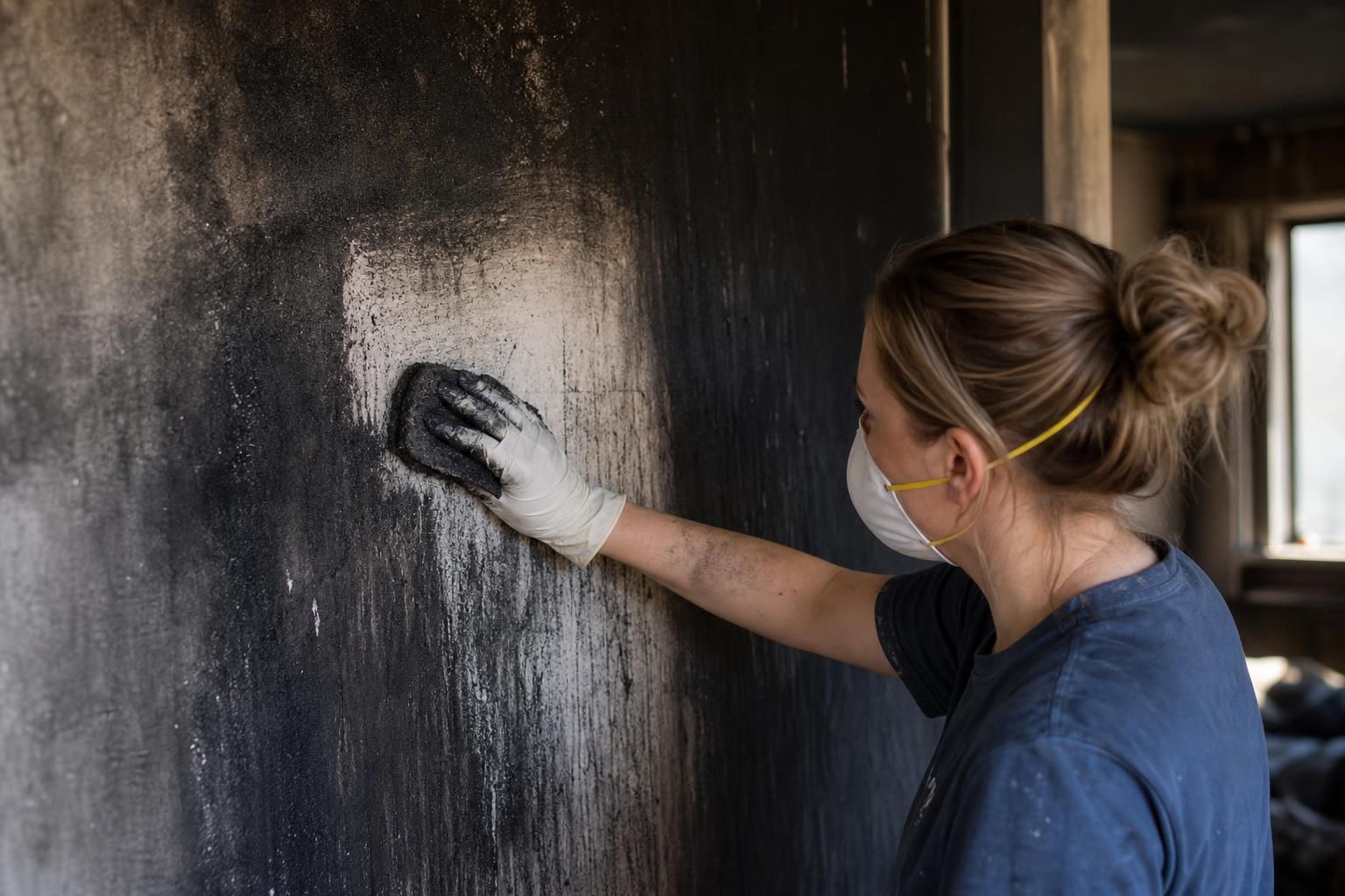Woman wearing mask and glove wipes soot from a charred wall