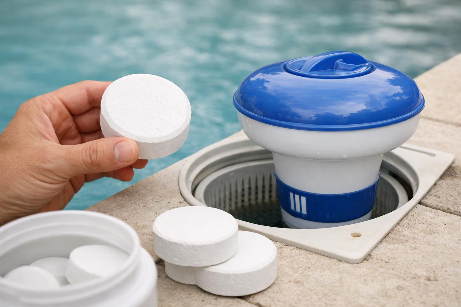 Hand holding chlorine tablet near blue pool dispenser