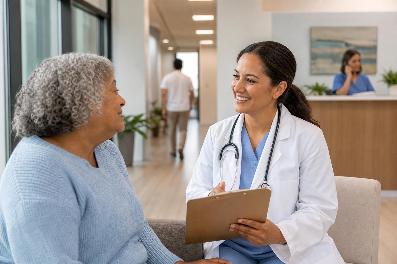 Doctor with clipboard talks to patient in a clinic lobby