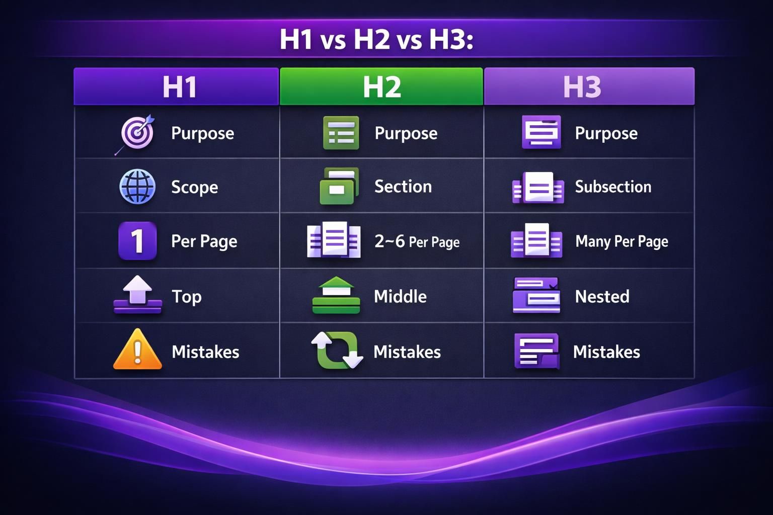 Infographic comparing H1 H2 H3 headings with icons