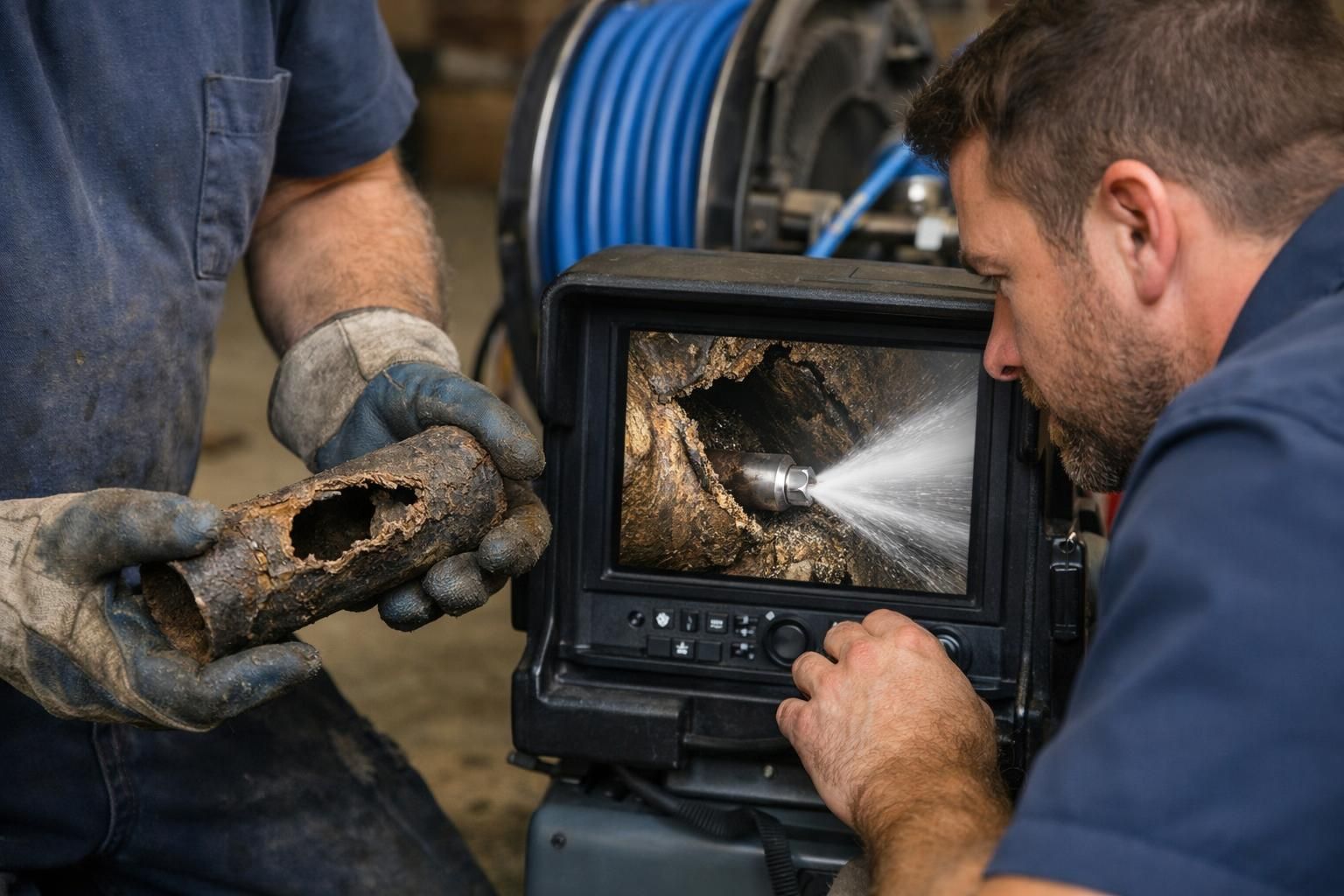 Technician inspects pipe interior on sewer camera monitor