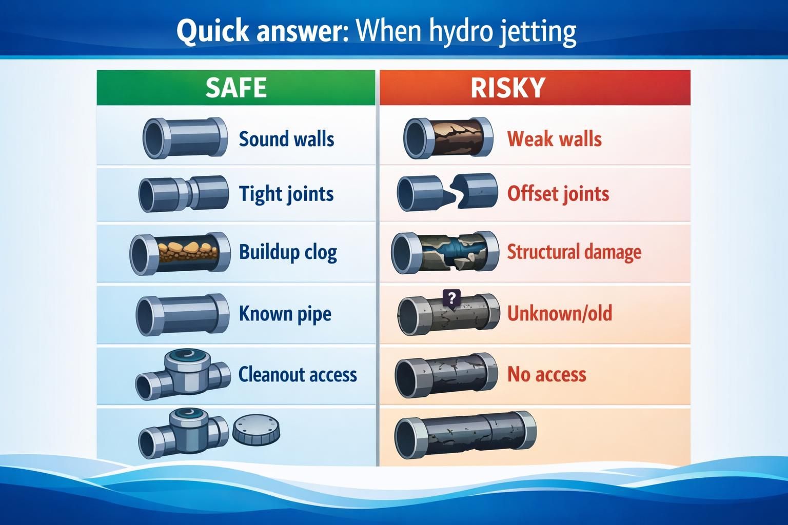 Safe versus risky hydro jetting infographic with pipe icons