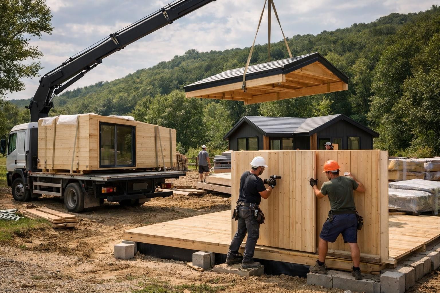 Crane lifts wooden roof panel as workers assemble cabin