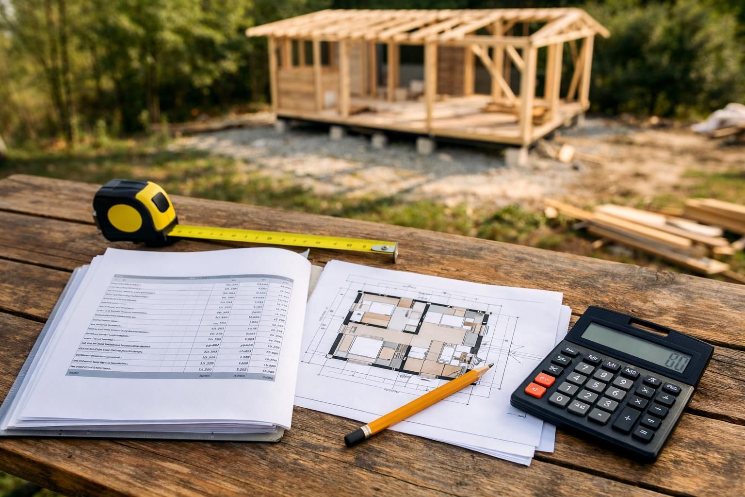House plans, tape measure, pencil, calculator on wooden table