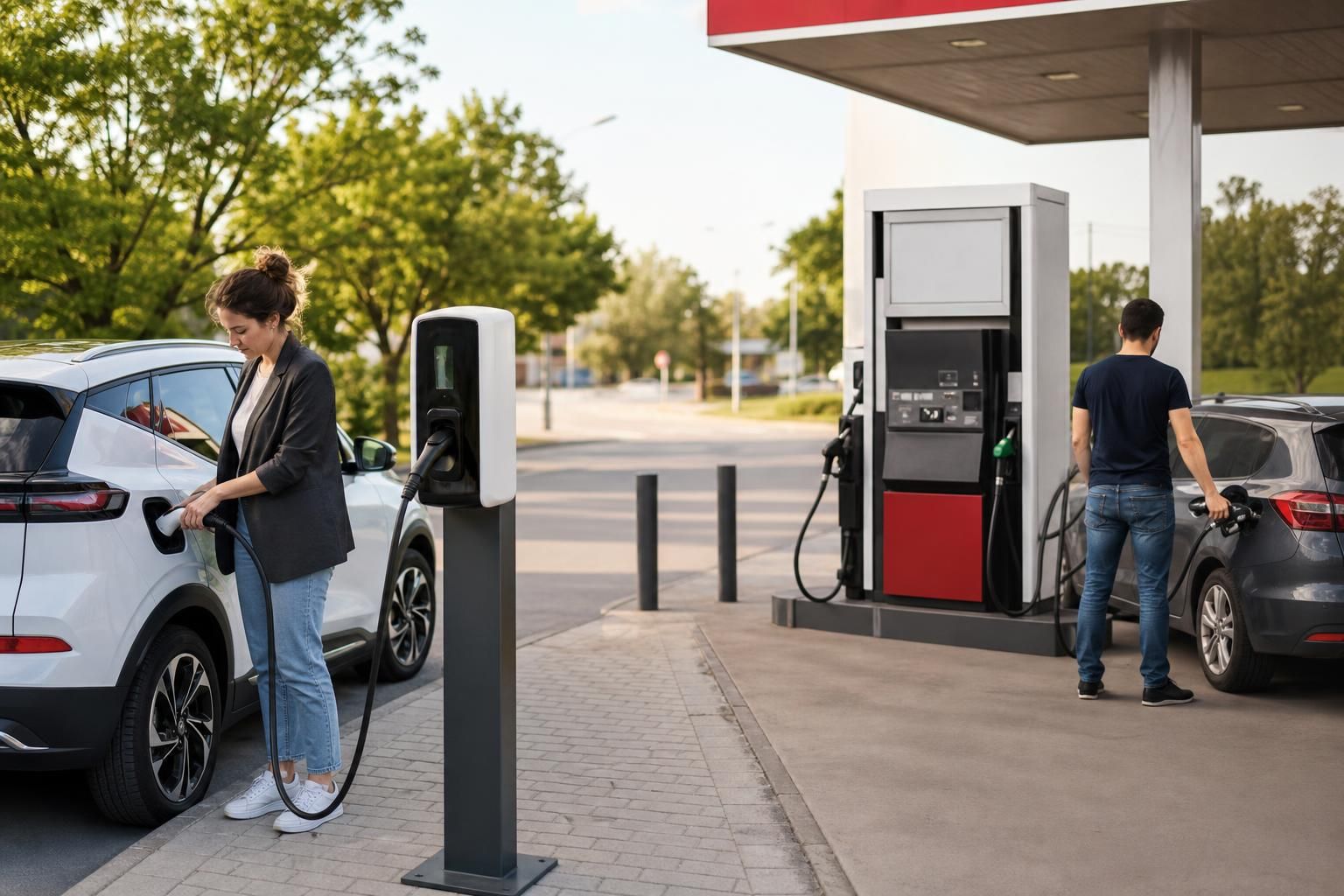 Dvoje ljudi puni električne automobile na stanici za punjenje