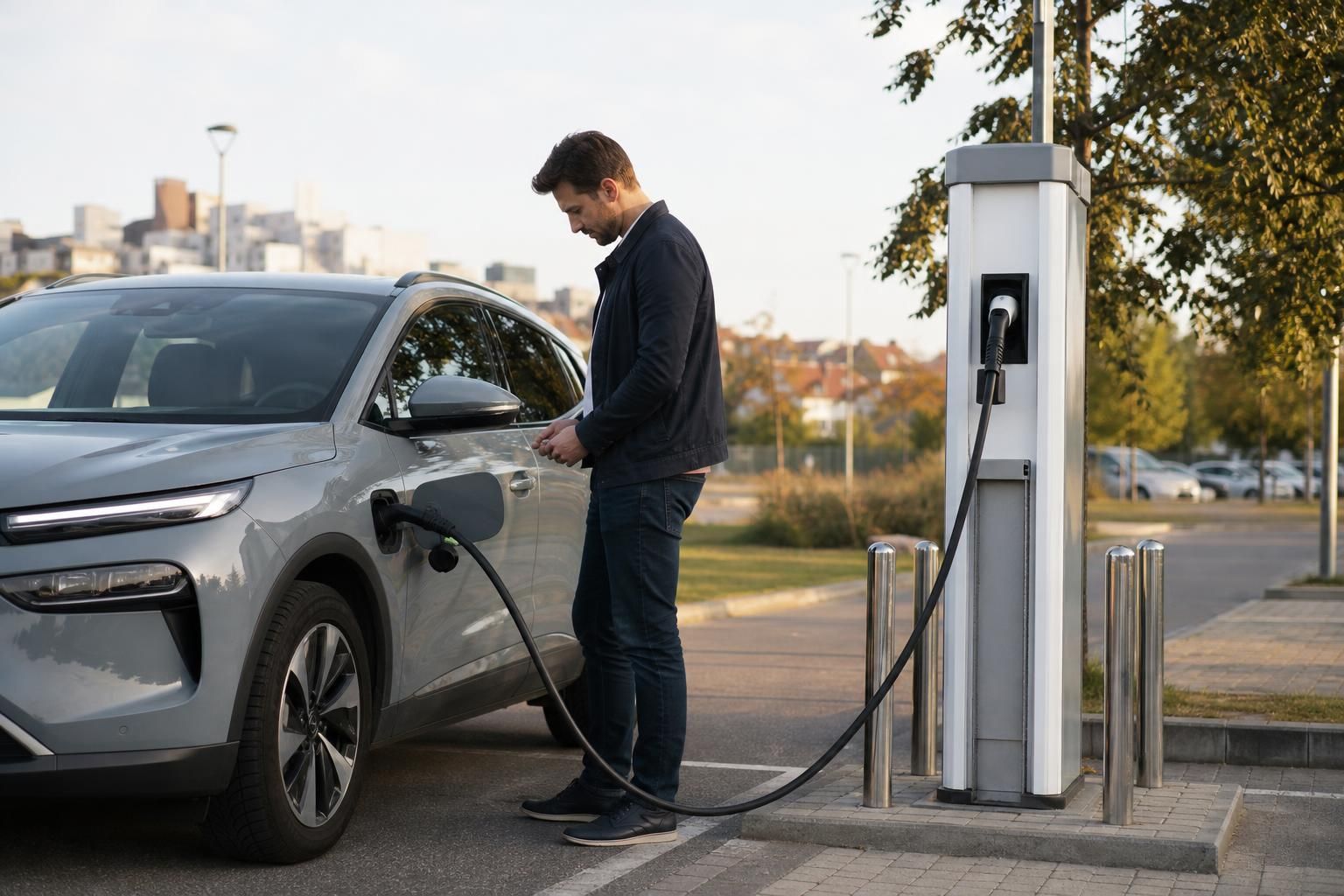 Muškarac puni električni automobil na javnoj stanici