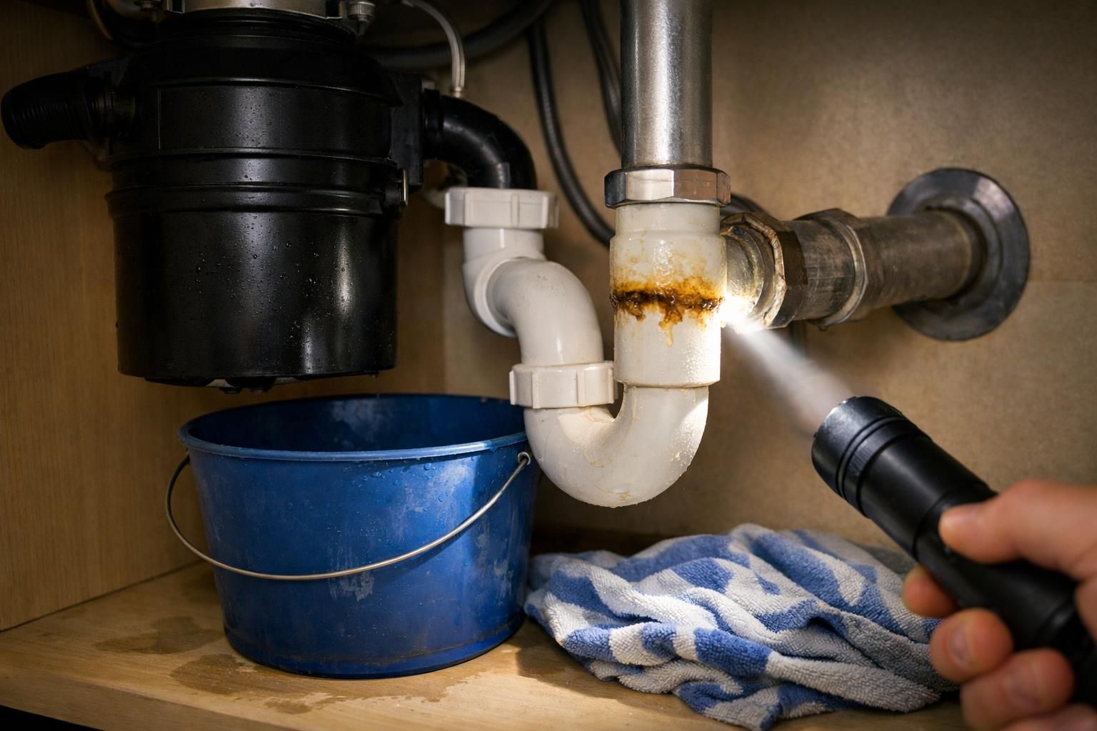 Flashlight illuminating leaking sink pipe above blue bucket