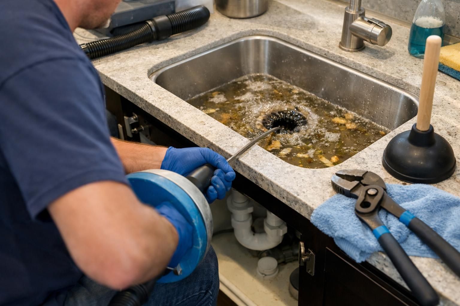 Plumber using drain snake in clogged kitchen sink