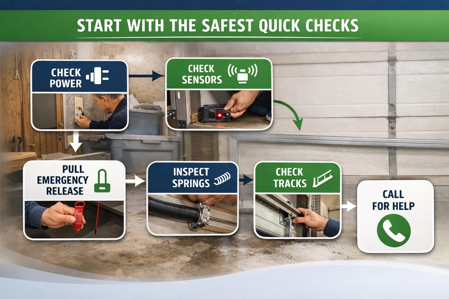 Garage door troubleshooting infographic with quick check steps