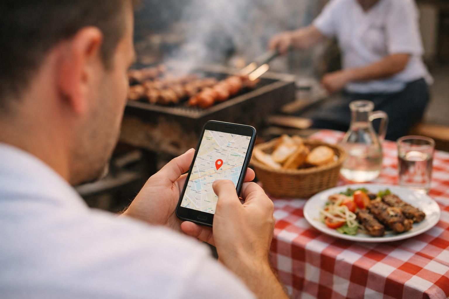 Man holding phone map pin at outdoor barbecue table