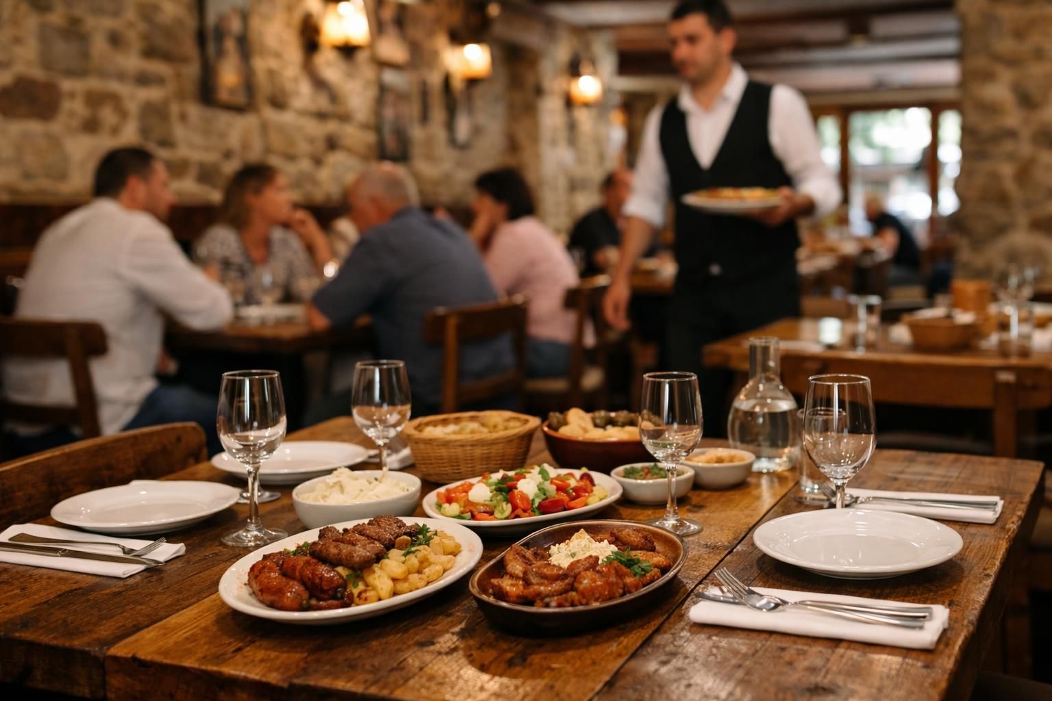 Rustic restaurant table set with dishes and wine glasses