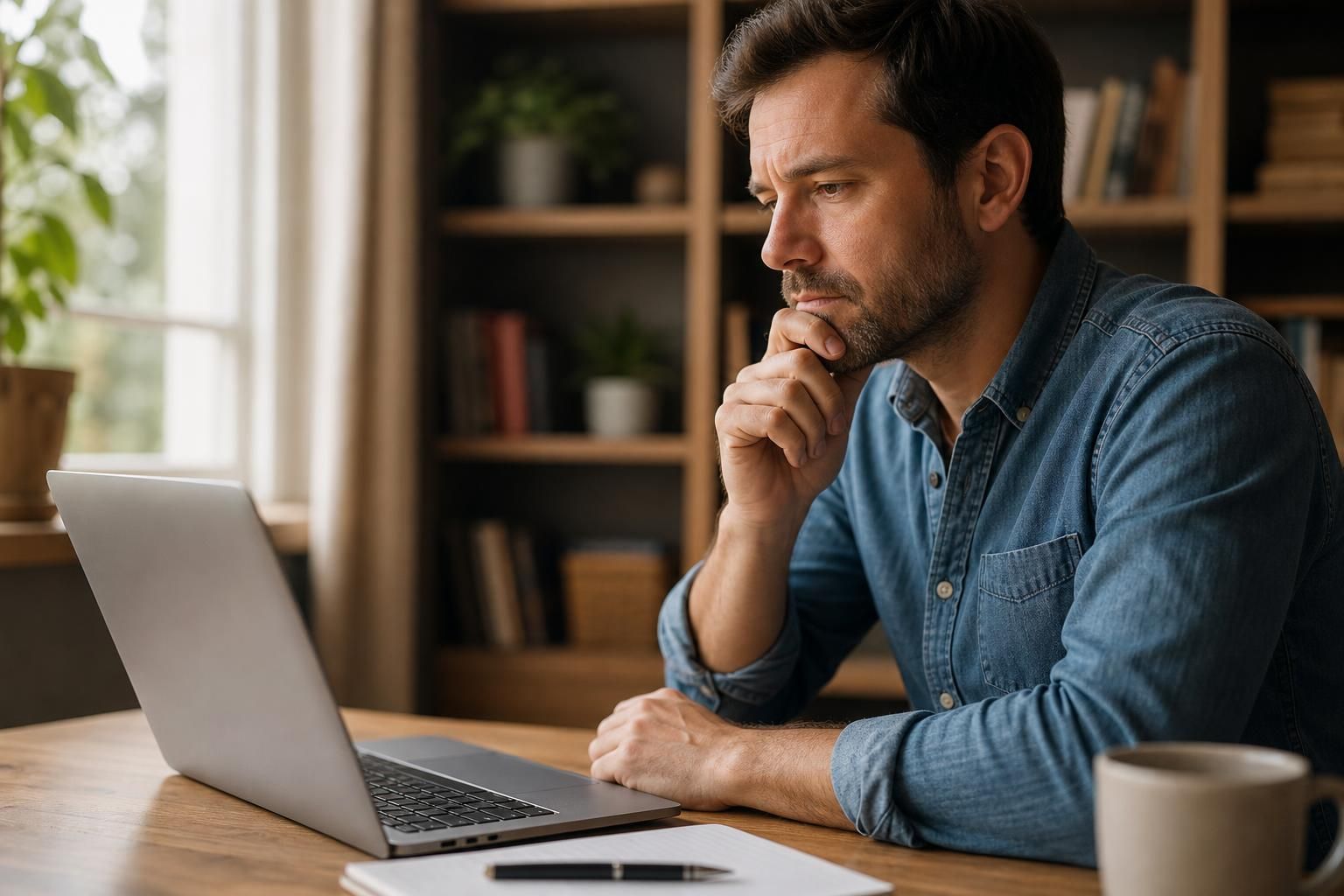 Man reviewing laptop beside notebook and coffee mug