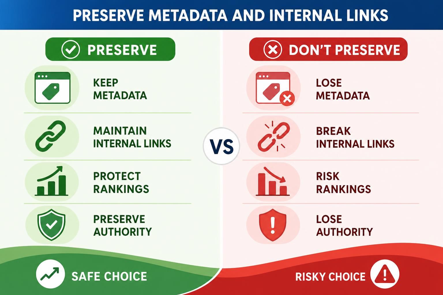 Infographic comparing preserved metadata, internal links, rankings, and authority