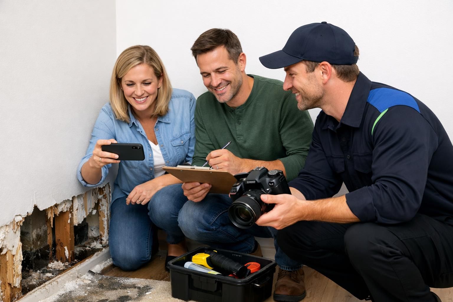 Three people documenting water damage with phone, clipboard, camera