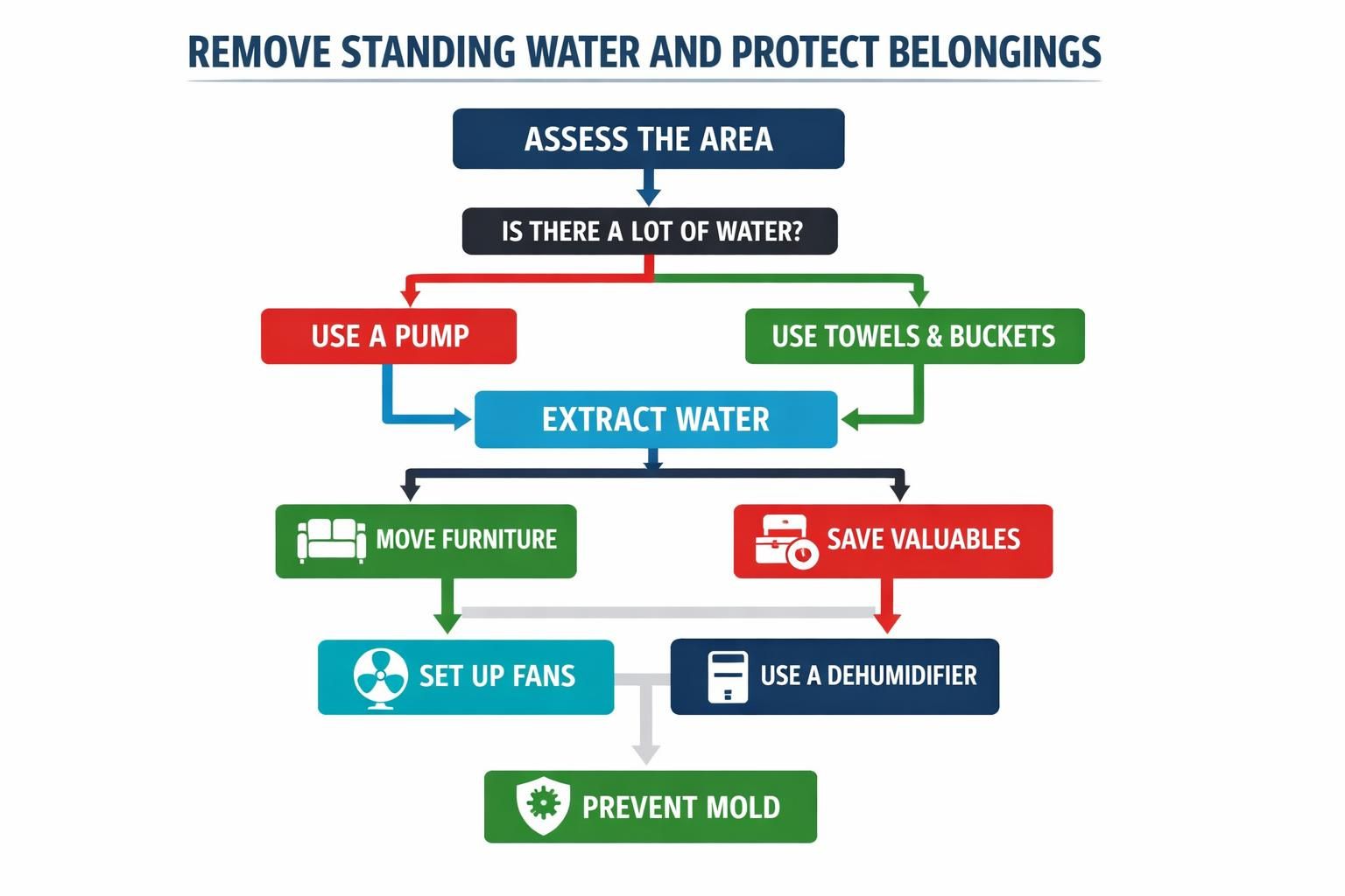 Flowchart showing steps to remove standing water and prevent mold