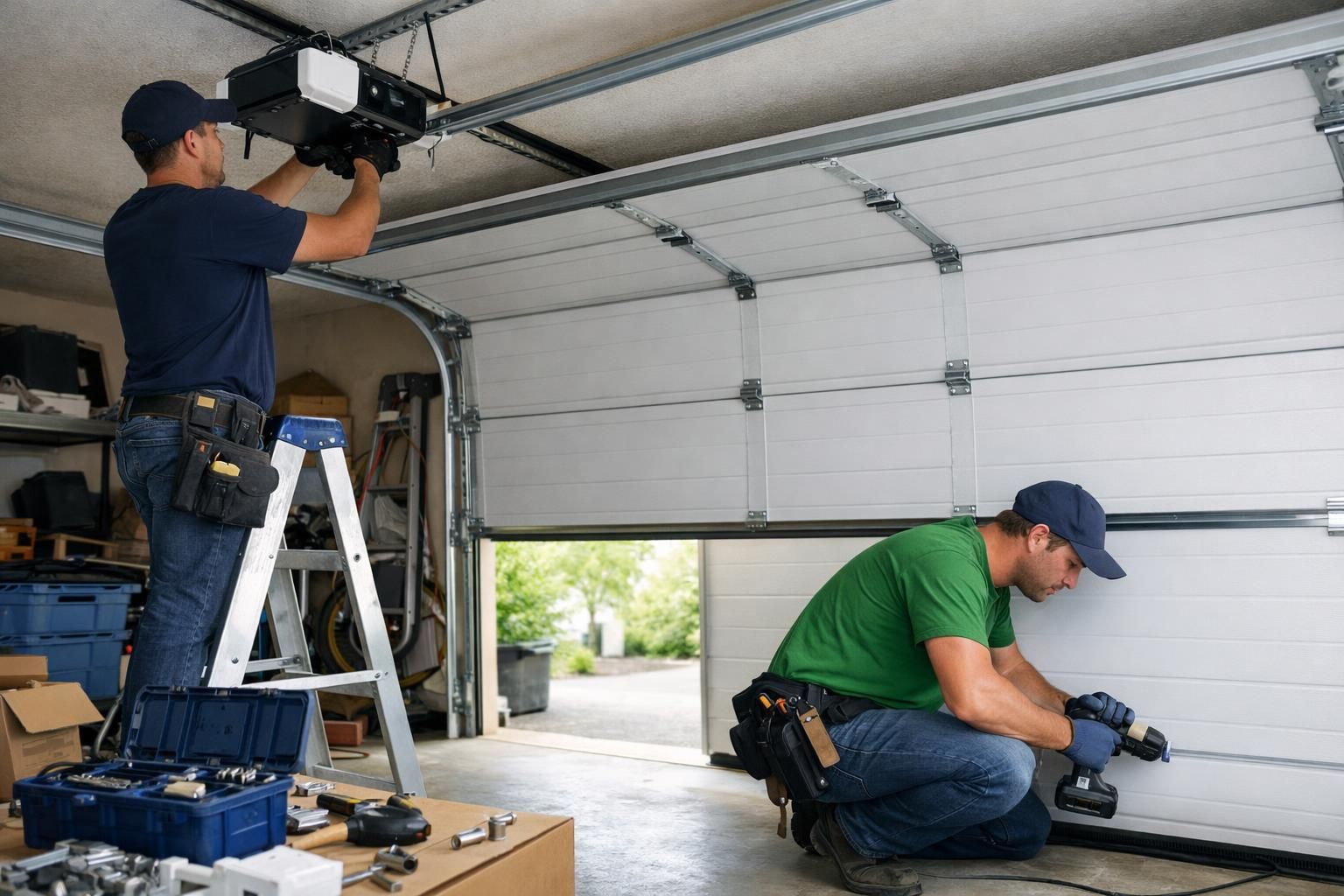 Two technicians install garage door opener and track