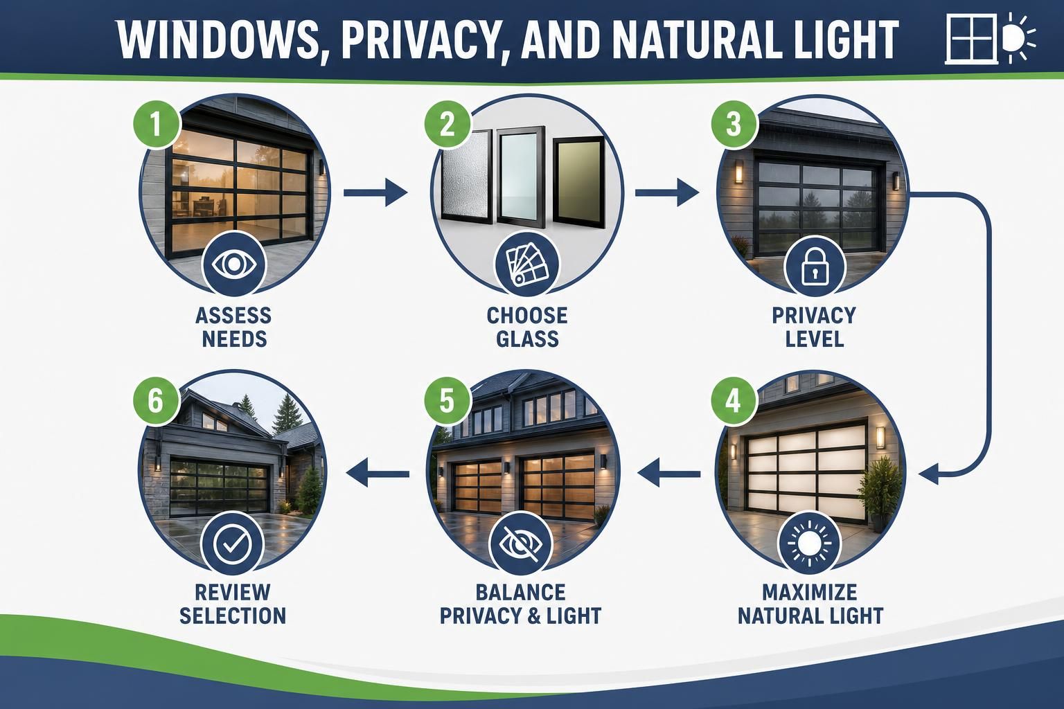 Diagram shows garage door glass choices, privacy icons, and selection arrows