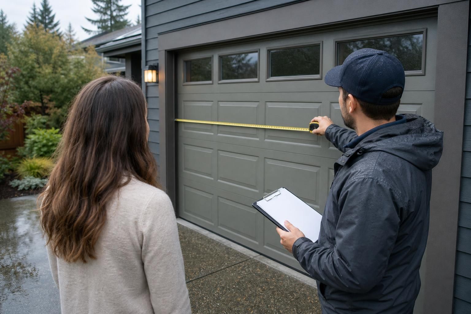 Technician measures a gray garage door while homeowner watches