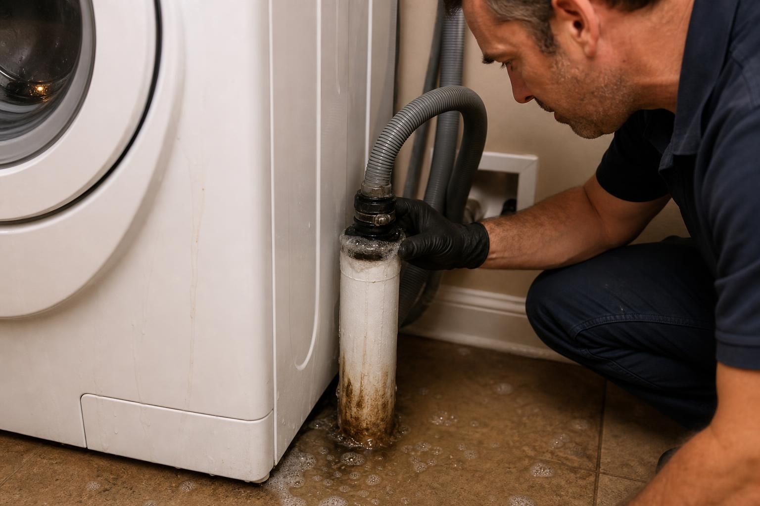 Man checks overflowing washing machine drain pipe