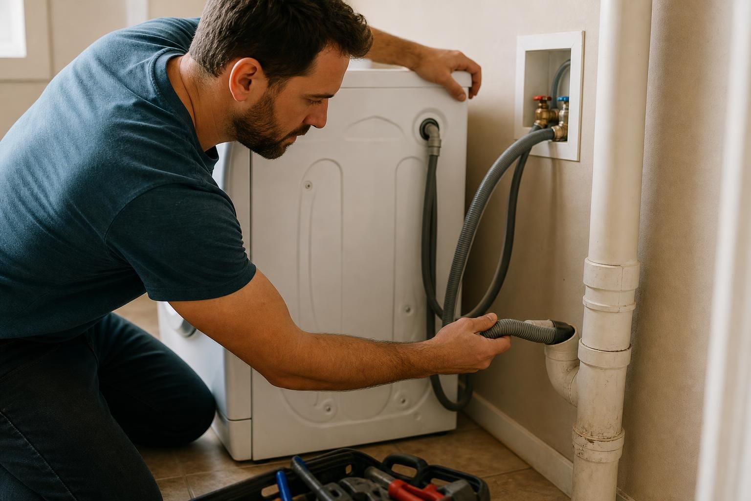 Man inspects a washing machine drain hose and pipe