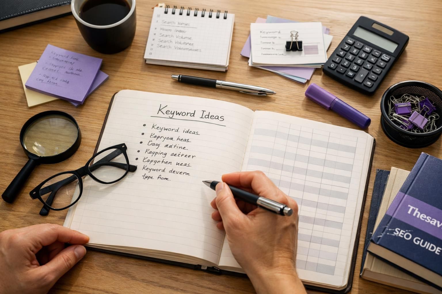 Hands writing keyword ideas in notebook on desk