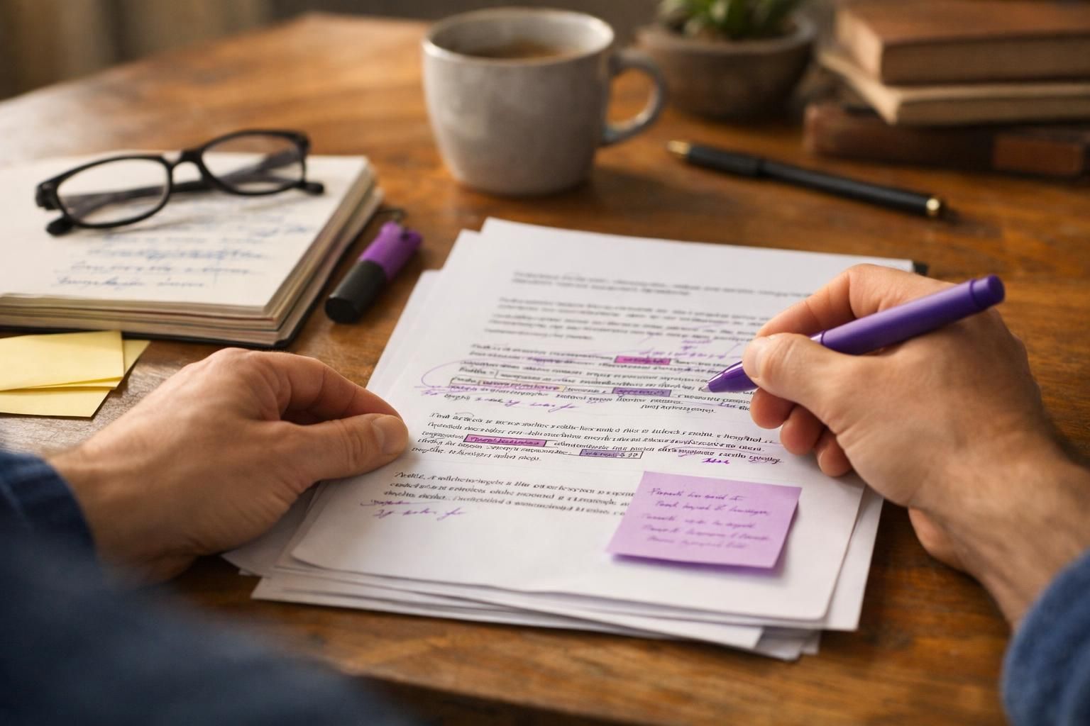 Hands editing printed document with purple pen at desk
