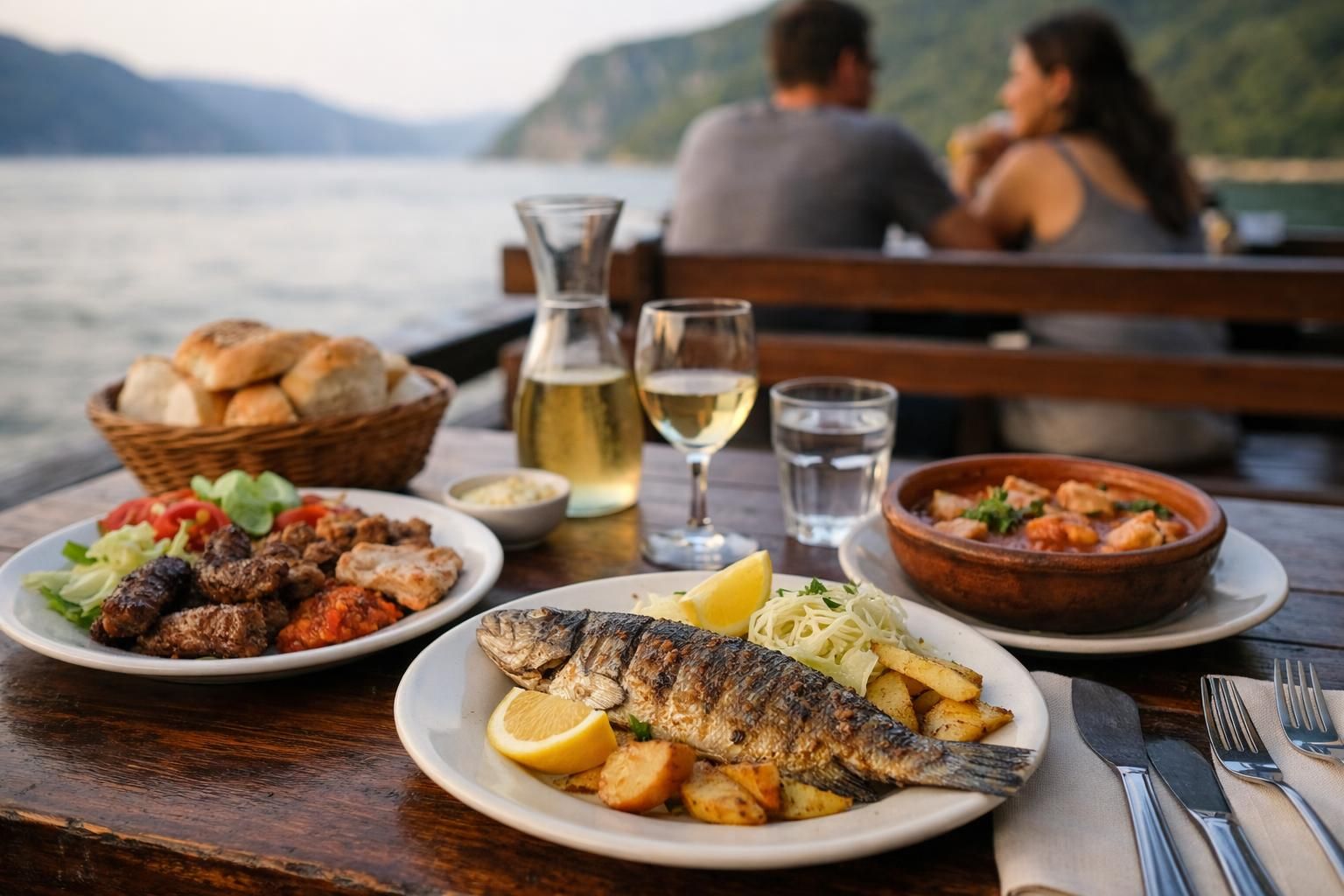 Grilled fish and wine on lakeside table at sunset