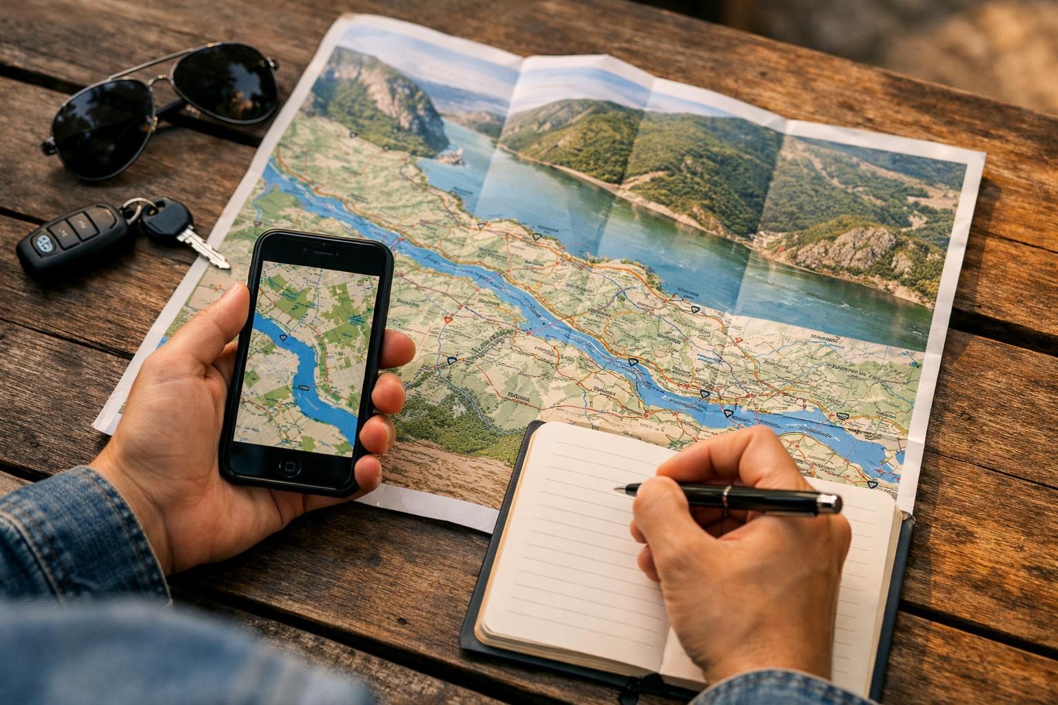 Hands holding phone and writing notes over road map
