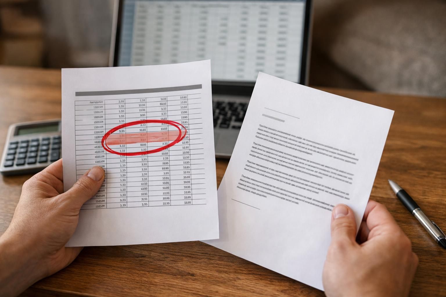Hands holding documents with red circled table entry