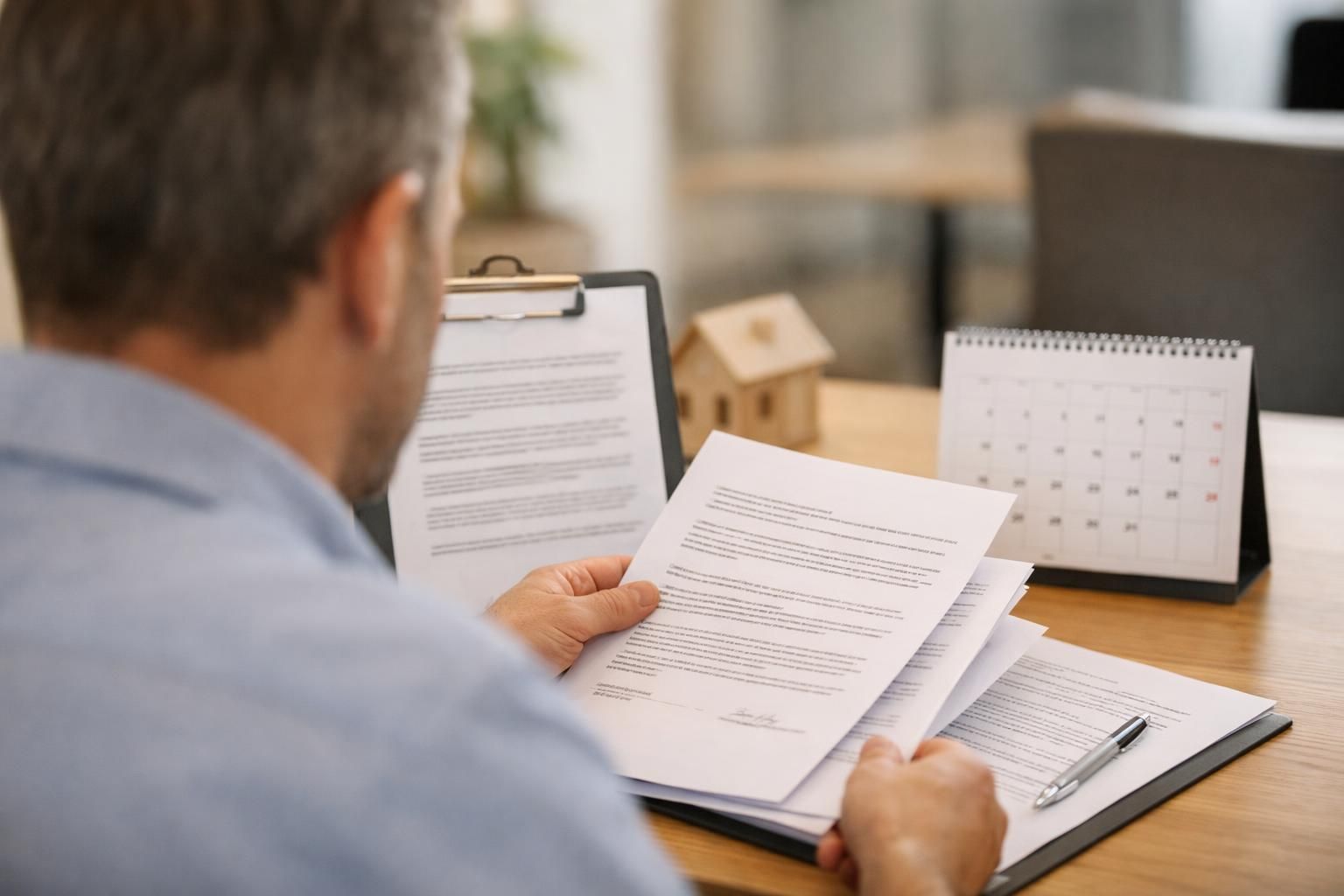 Man reviewing printed documents at desk with calendar