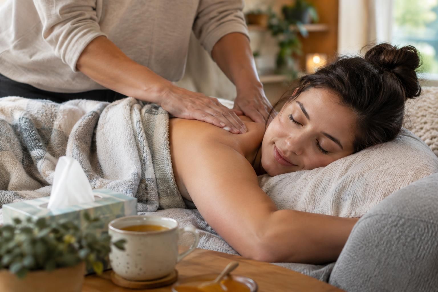 Woman receives gentle back massage beside tea and tissues