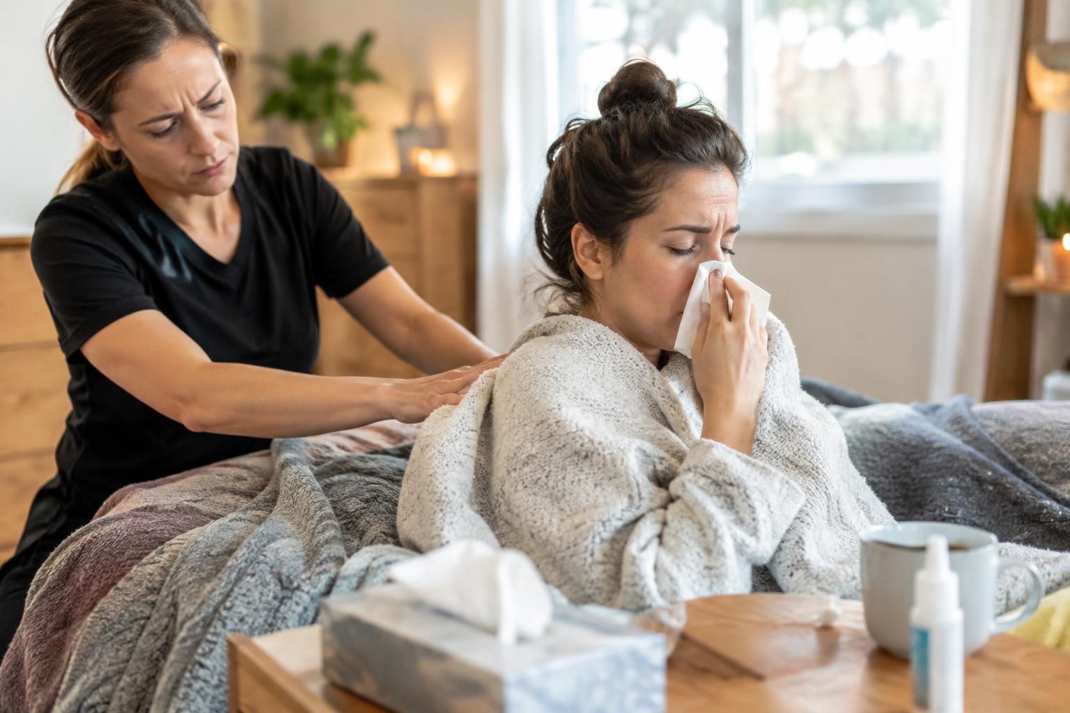 Massage therapist rubs sore back as woman holds tissue